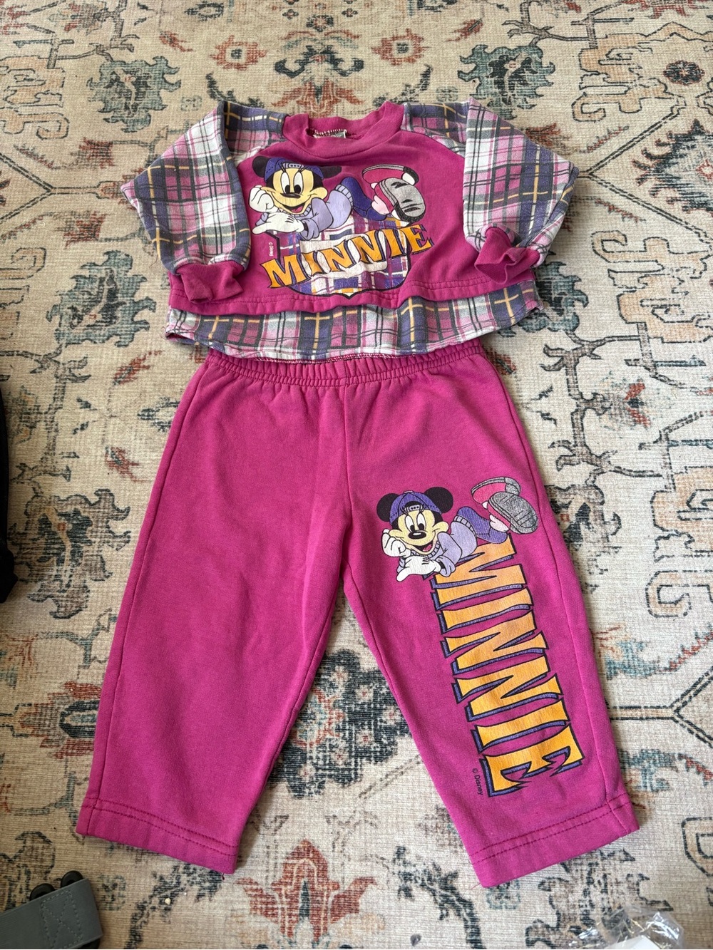 Vintage 90s Disney Minnie Mouse Pink Plaid 2 Piece Tracksuit Toddler ~4T